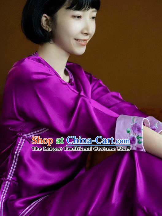 Chinese Traditional National Pajamas Costume Embroidered Purple Silk Blouse and Pants Outfits