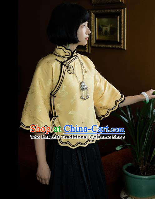 China National Woman Light Yellow Silk Blouse Tang Suit Upper Outer Garment Traditional Shirt Costume