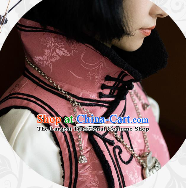 Chinese Traditional Pink Silk Vest Costume National Stand Collar Waistcoat