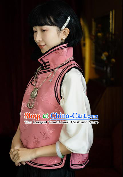 Chinese Traditional Pink Silk Vest Costume National Stand Collar Waistcoat