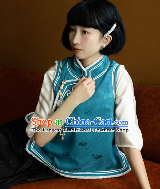 Chinese Traditional Blue Silk Vest Costume National Stand Collar Lambswool Waistcoat