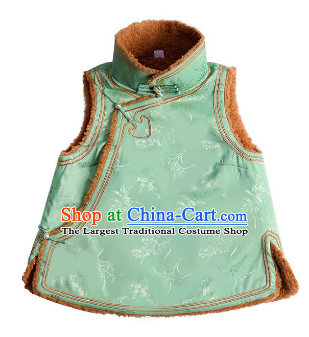 Chinese National Stand Collar Lambswool Waistcoat Traditional Light Green Silk Vest Costume