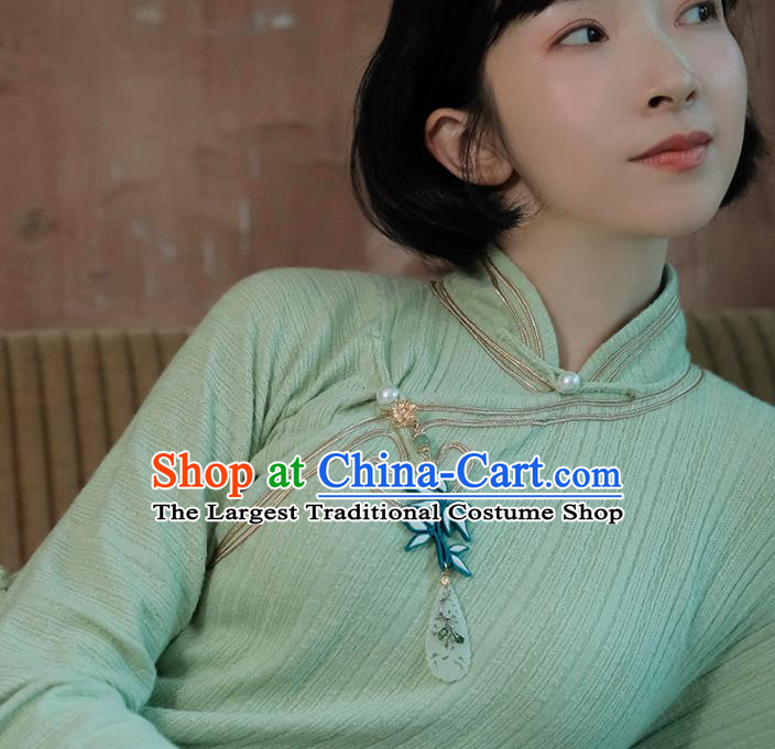 China National Young Lady Knitting Green Qipao Dress Clothing Traditional Mandarin Sleeve Cheongsam