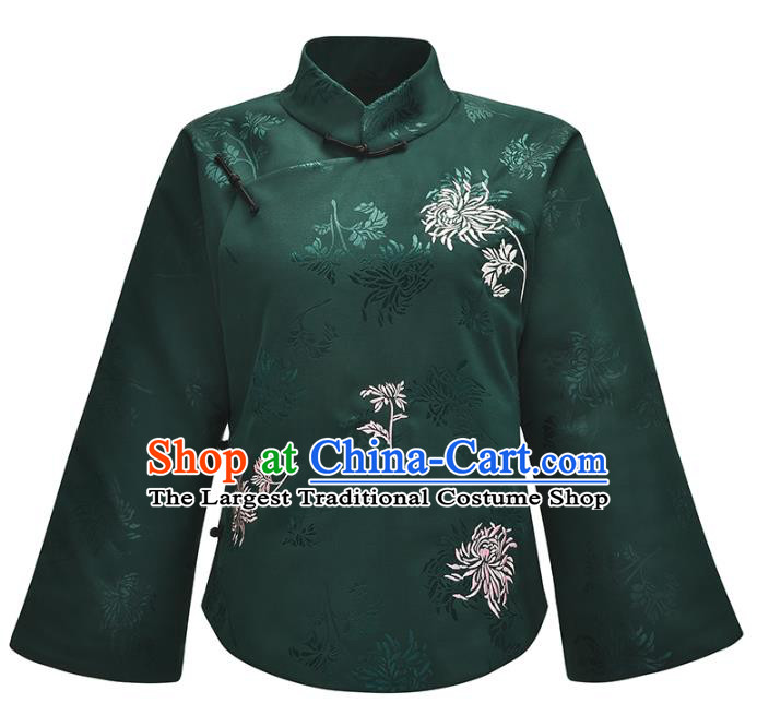 China National Woman Green Silk Cotton Wadded Jacket Tang Suit Outer Garment Traditional Overcoat Costume