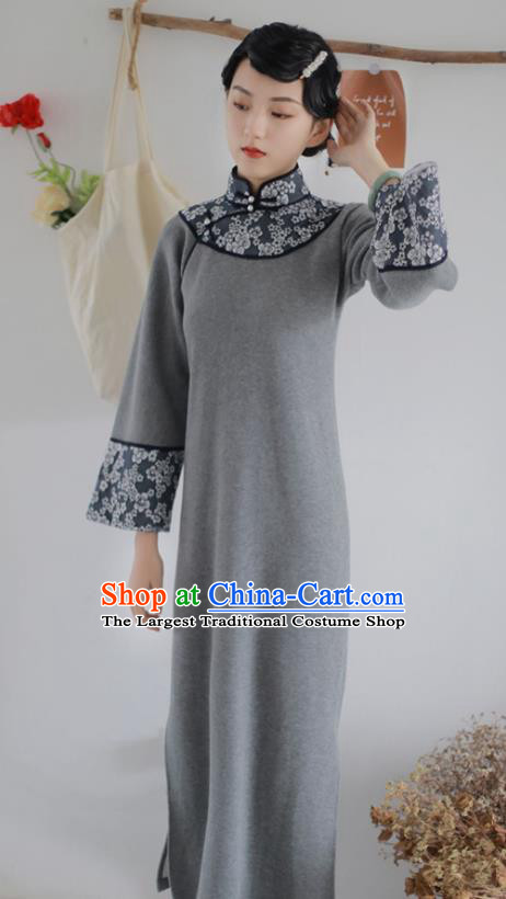 China National Knitting Grey Qipao Dress Clothing Traditional Young Lady Wide Sleeve Cheongsam