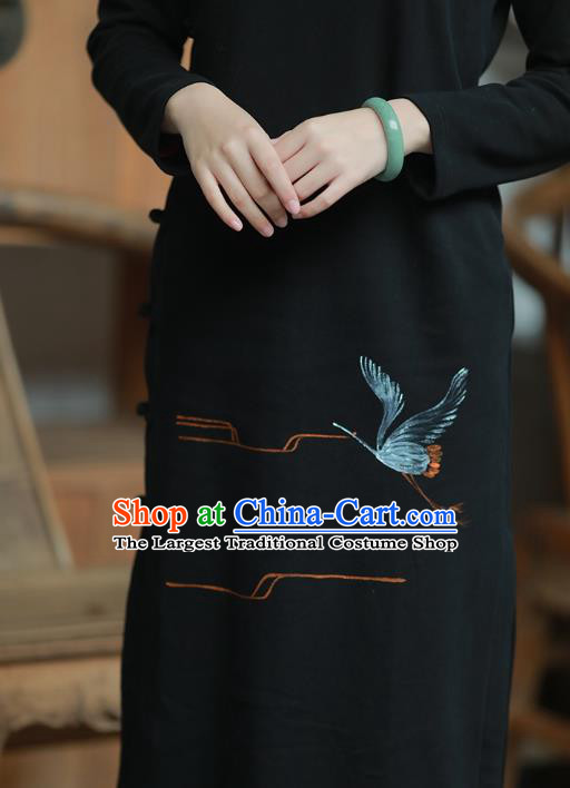 China National Printing Crane Qipao Dress Clothing Traditional Young Lady Slant Opening Black Cheongsam