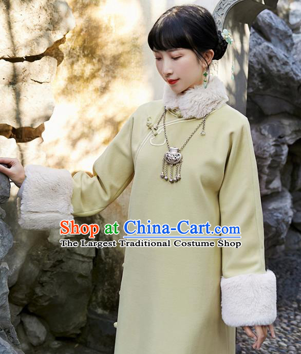 China National Winter Wide Sleeve Qipao Dress Clothing Traditional Young Lady Light Green Woolen Cheongsam