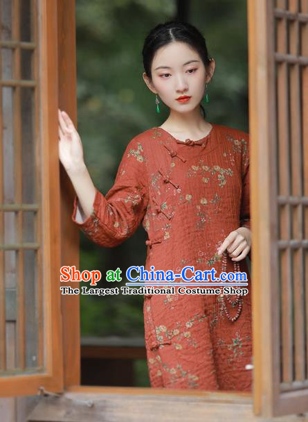 China National Printing Red Flax Qipao Dress Clothing Traditional Young Lady Slant Opening Cheongsam
