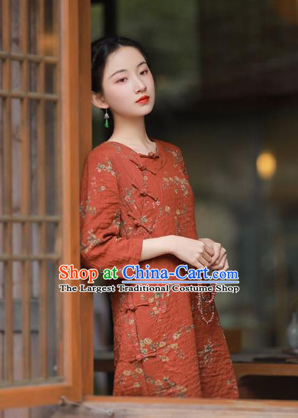 China National Printing Red Flax Qipao Dress Clothing Traditional Young Lady Slant Opening Cheongsam