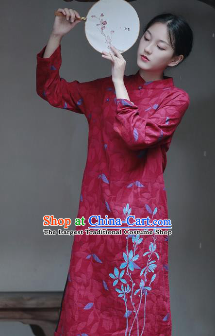 China National Hand Painting Wine Red Flax Qipao Dress Clothing Traditional Young Lady Cheongsam