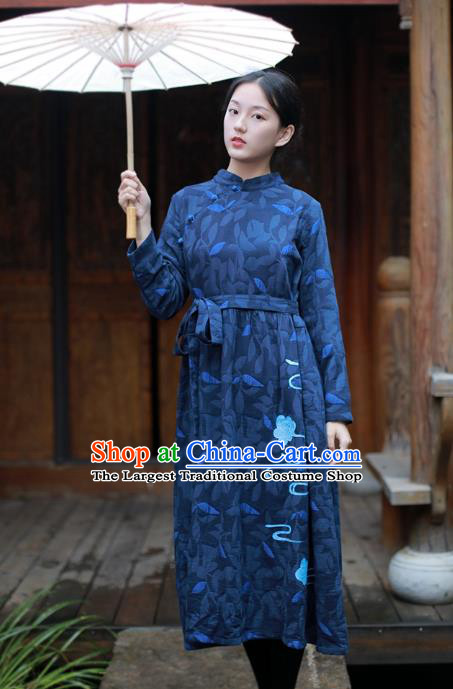 China National Qipao Dress Clothing Traditional Young Lady Hand Painting Navy Flax Cheongsam