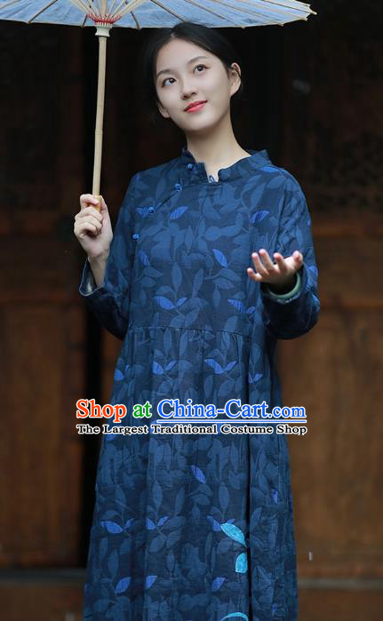 China National Qipao Dress Clothing Traditional Young Lady Hand Painting Navy Flax Cheongsam