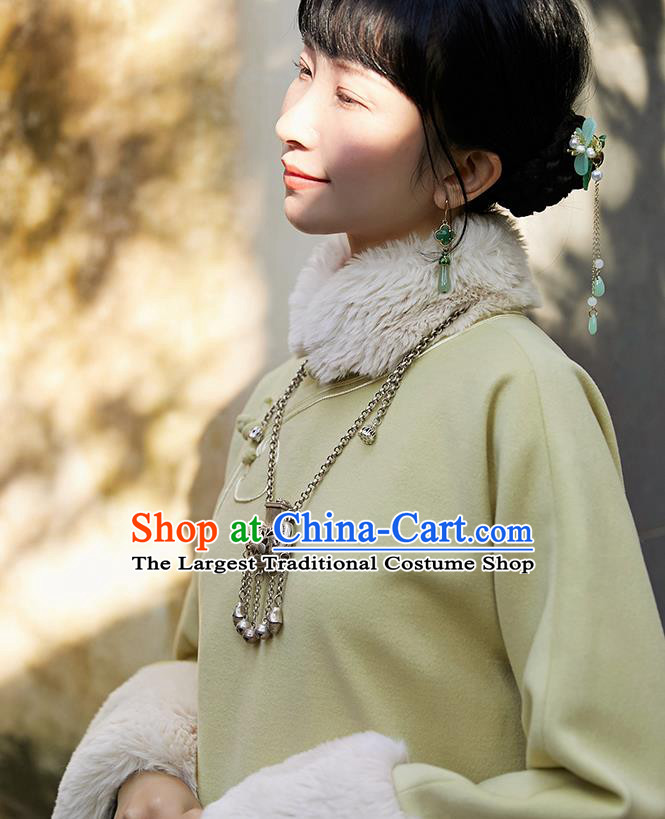 China National Winter Wide Sleeve Qipao Dress Clothing Traditional Young Lady Light Green Woolen Cheongsam