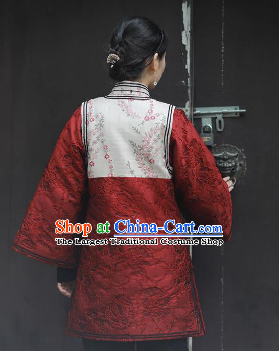 China National Woman Cotton Wadded Jacket Tang Suit Outer Garment Traditional Red Brocade Overcoat Costume