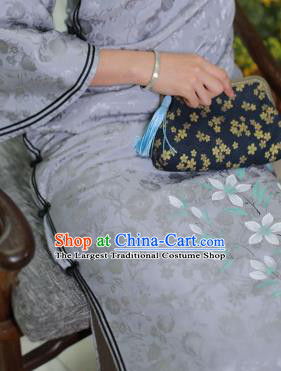 China National Mother Blue Silk Qipao Dress Clothing Traditional Mandarin Sleeve Cheongsam