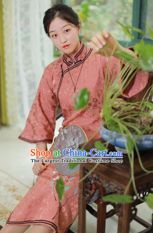 China National Mother Qipao Dress Clothing Traditional Hand Painting Mandarin Sleeve Pink Silk Cheongsam
