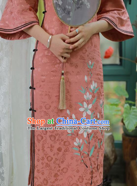 China National Mother Qipao Dress Clothing Traditional Hand Painting Mandarin Sleeve Pink Silk Cheongsam