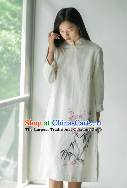 China National Young Lady Qipao Dress Clothing Traditional Ink Painting Plum Bamboo White Flax Cheongsam
