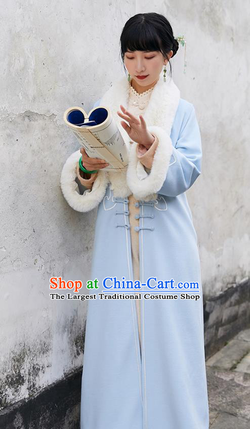 China Traditional Tang Suit Outer Garment National Woman Blue Woolen Dust Coat
