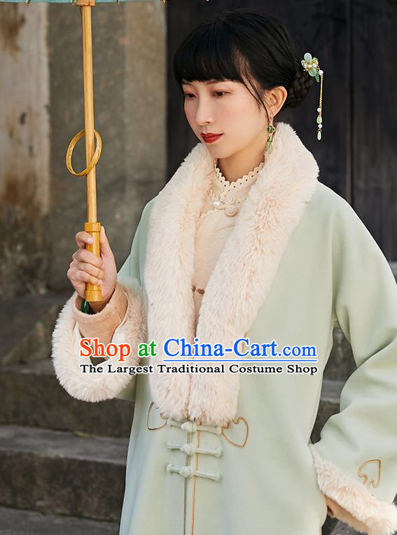 China Traditional Costume National Woman Light Green Woolen Dust Coat Tang Suit Outer Garment