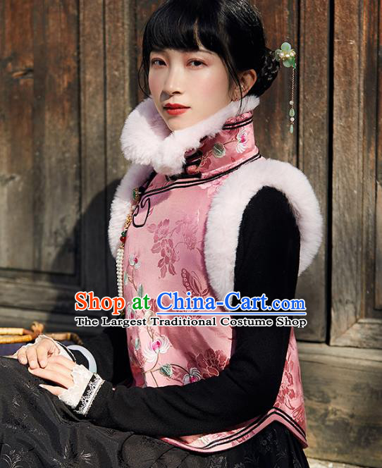 Chinese Traditional Embroidered Pink Silk Waistcoat Costume National Women Stand Collar Vest