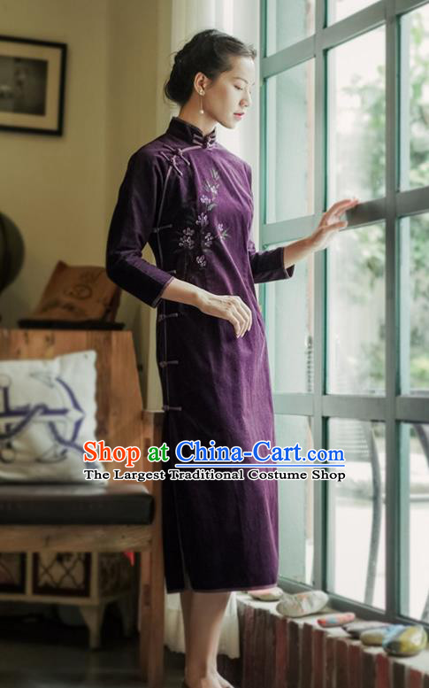 China National Hand Painting Purple Corduroy Qipao Dress Clothing Traditional Mother Cheongsam