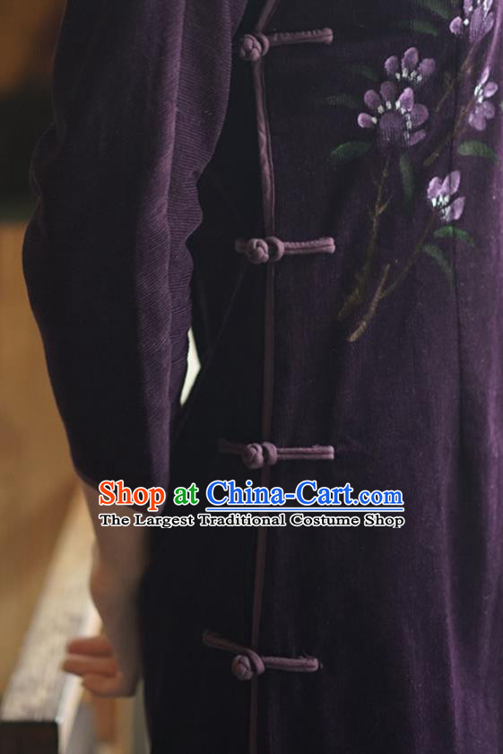 China National Hand Painting Purple Corduroy Qipao Dress Clothing Traditional Mother Cheongsam