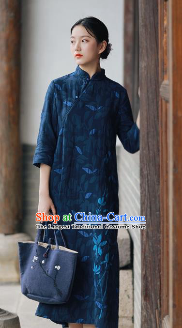 China National Hand Painting Navy Flax Qipao Dress Clothing Traditional Young Lady Cheongsam