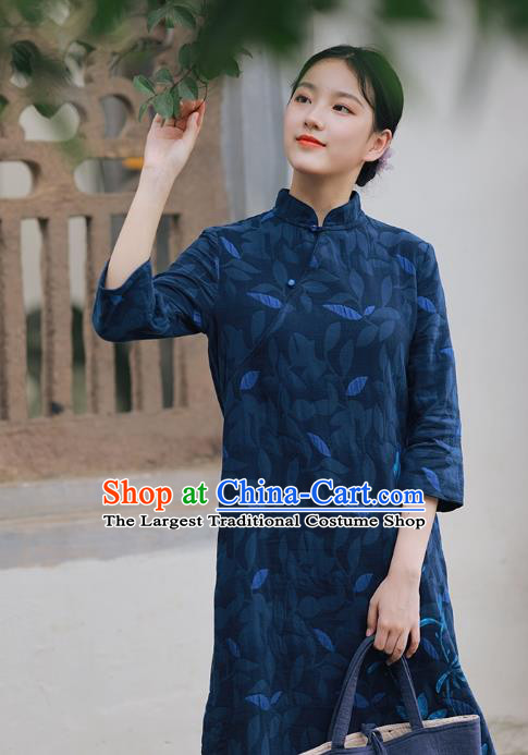 China National Hand Painting Navy Flax Qipao Dress Clothing Traditional Young Lady Cheongsam