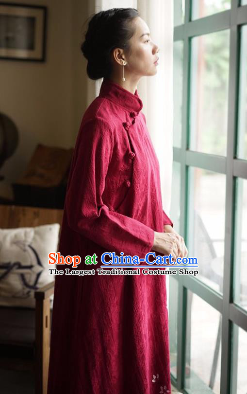 China National Hand Painting Red Flax Qipao Dress Clothing Traditional Young Lady Stand Collar Cheongsam