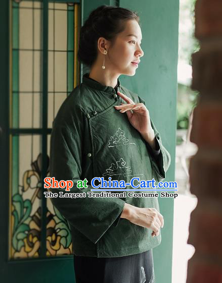 China Tang Suit Coat Traditional Winter Costume National Woman Green Ramie Cotton Wadded Jacket