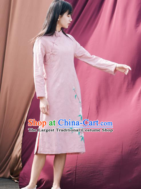 China National Young Woman Pink Flax Qipao Dress Clothing Traditional Hand Painting Peach Blossom Cheongsam