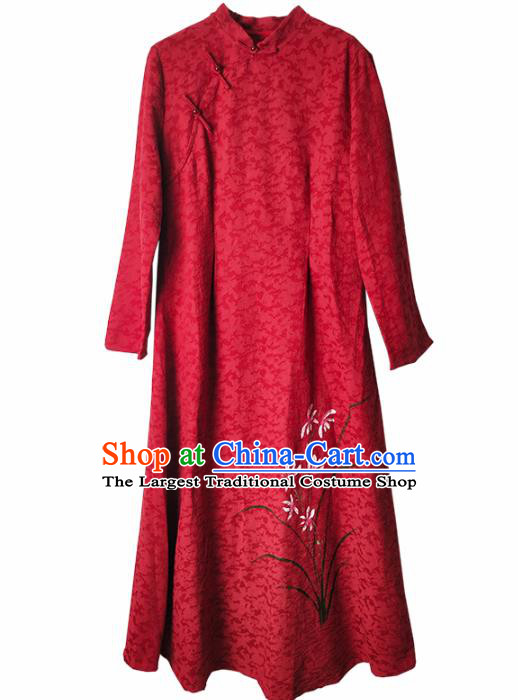 China National New Year Red Qipao Dress Clothing Traditional Hand Painting Orchids Cheongsam