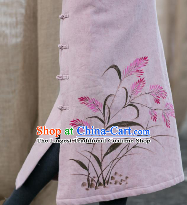 China National Pink Flax Qipao Dress Clothing Traditional Hand Painting Cotton Wadded Cheongsam