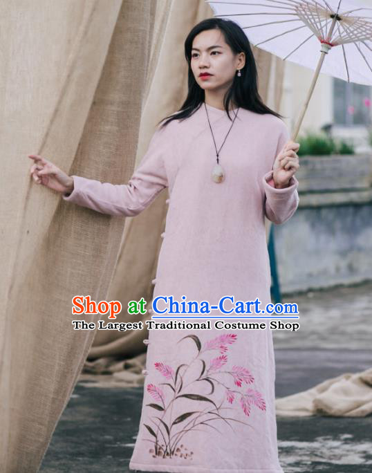 China National Pink Flax Qipao Dress Clothing Traditional Hand Painting Cotton Wadded Cheongsam