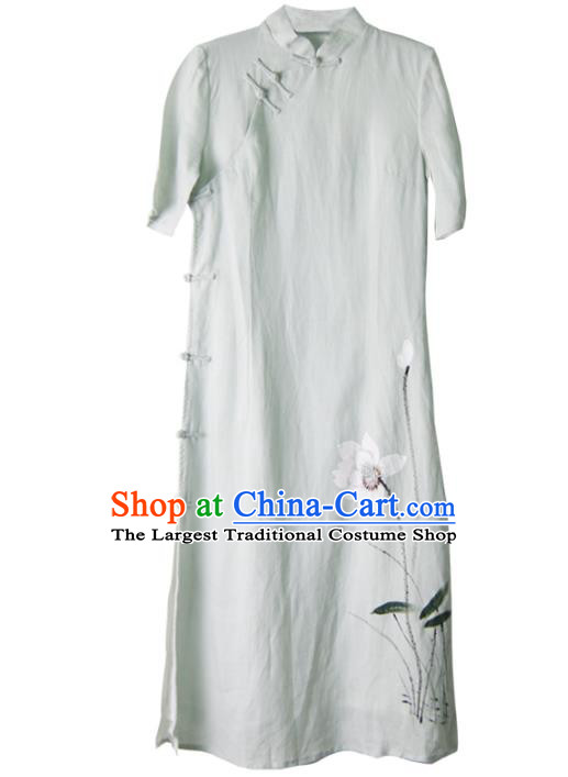 China National Light Green Qipao Dress Clothing Traditional Hand Painting Lotus Cheongsam