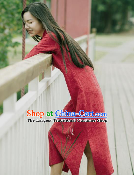 China National Young Lady Qipao Dress Clothing Traditional Red Flax Cheongsam