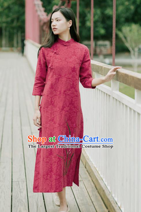 China National Young Lady Qipao Dress Clothing Traditional Red Flax Cheongsam