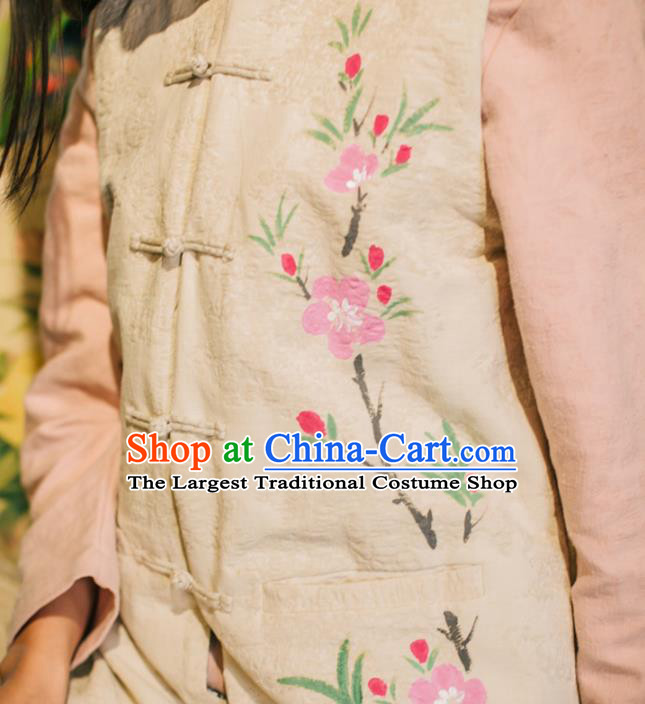 Chinese National Hand Painting Peach Blossom Waistcoat Traditional Beige Flax Vest Costume
