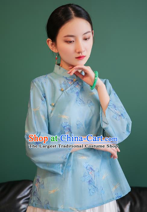China Tang Suit Light Blue Shirt Traditional Printing Costume National Woman Slant Opening Blouse
