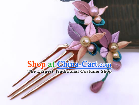 Chinese Traditional Ming Dynasty Hanfu Silk Flowers Hair Accessories Handmade Ancient Princess Pearls Hair Comb