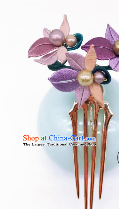 Chinese Traditional Ming Dynasty Hanfu Silk Flowers Hair Accessories Handmade Ancient Princess Pearls Hair Comb
