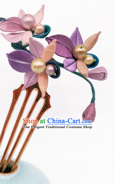 Chinese Traditional Ming Dynasty Hanfu Silk Flowers Hair Accessories Handmade Ancient Princess Pearls Hair Comb