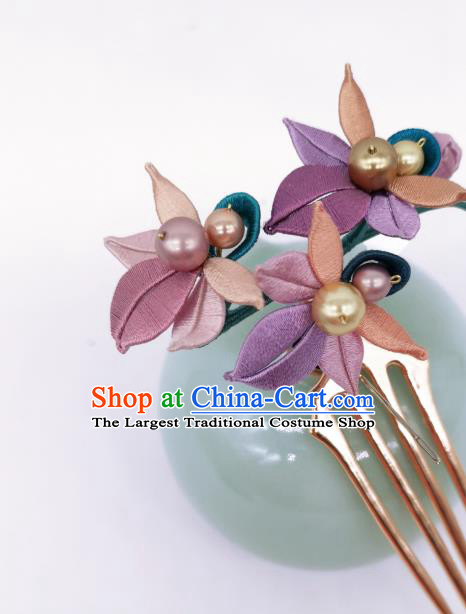 Chinese Traditional Ming Dynasty Hanfu Silk Flowers Hair Accessories Handmade Ancient Princess Pearls Hair Comb