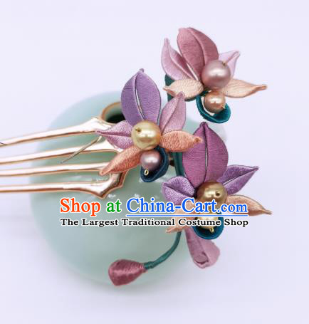 Chinese Traditional Ming Dynasty Hanfu Silk Flowers Hair Accessories Handmade Ancient Princess Pearls Hair Comb