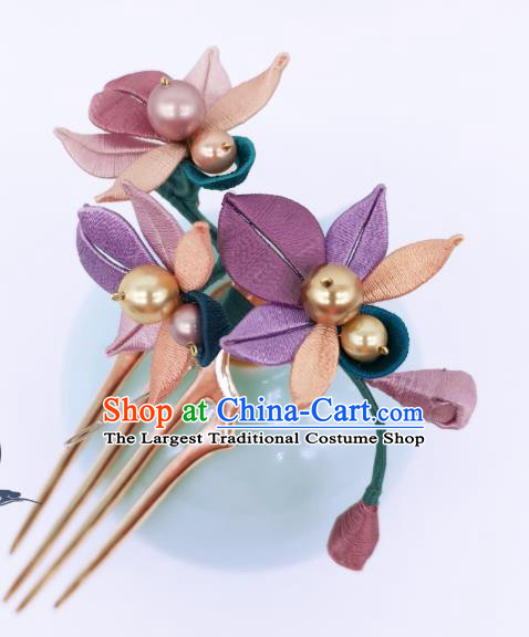 Chinese Traditional Ming Dynasty Hanfu Silk Flowers Hair Accessories Handmade Ancient Princess Pearls Hair Comb