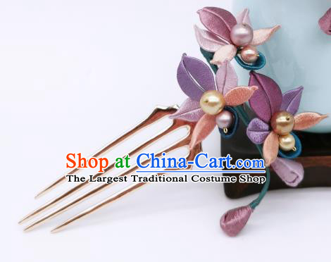 Chinese Traditional Ming Dynasty Hanfu Silk Flowers Hair Accessories Handmade Ancient Princess Pearls Hair Comb