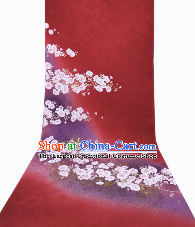 Asian Japan Red Silk Fabric Japanese Traditional Kimono Classical Sakura Pattern Tapestry Drapery
