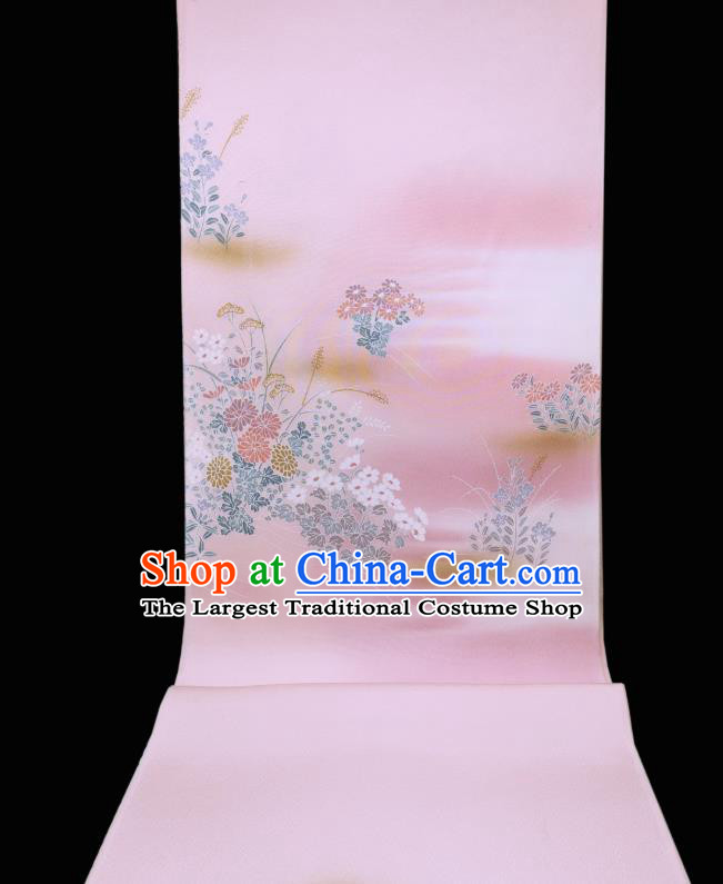 Asian Japanese Silk Fabric Traditional Drapery Japan Kimono Printing Chrysanthemum Pink Brocade