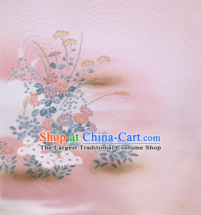 Asian Traditional Drapery Japan Kimono Printing Chrysanthemum Pink Brocade Japanese Silk Fabric
